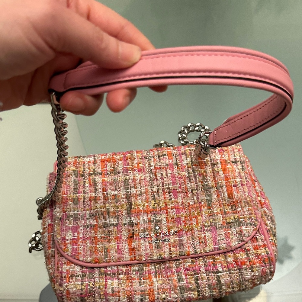 kate spade Pink and Coral Tweed Crossbody Bag with Silver Chain - Picture 6 of 15
